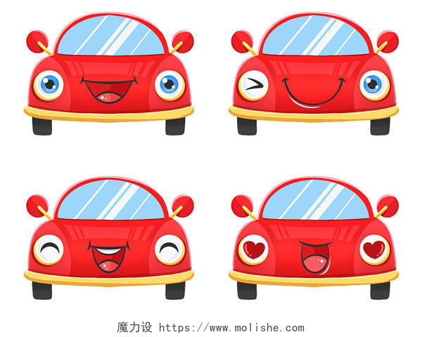 手绘卡通汽车插画拟人表情红色小汽车元素
